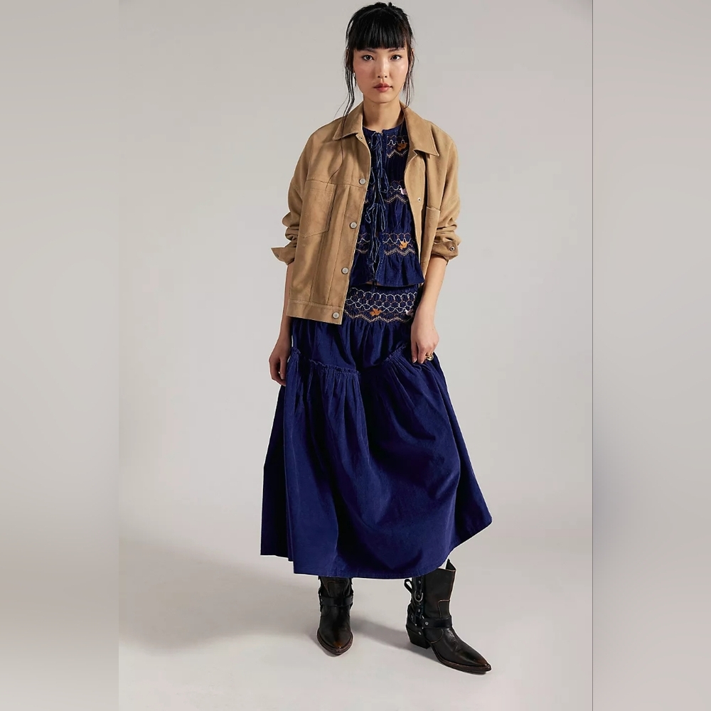 NWT! Free People Terra Smocked Maxi Skirt Set (M), Blue, Corduroy - Picture 2 of 16